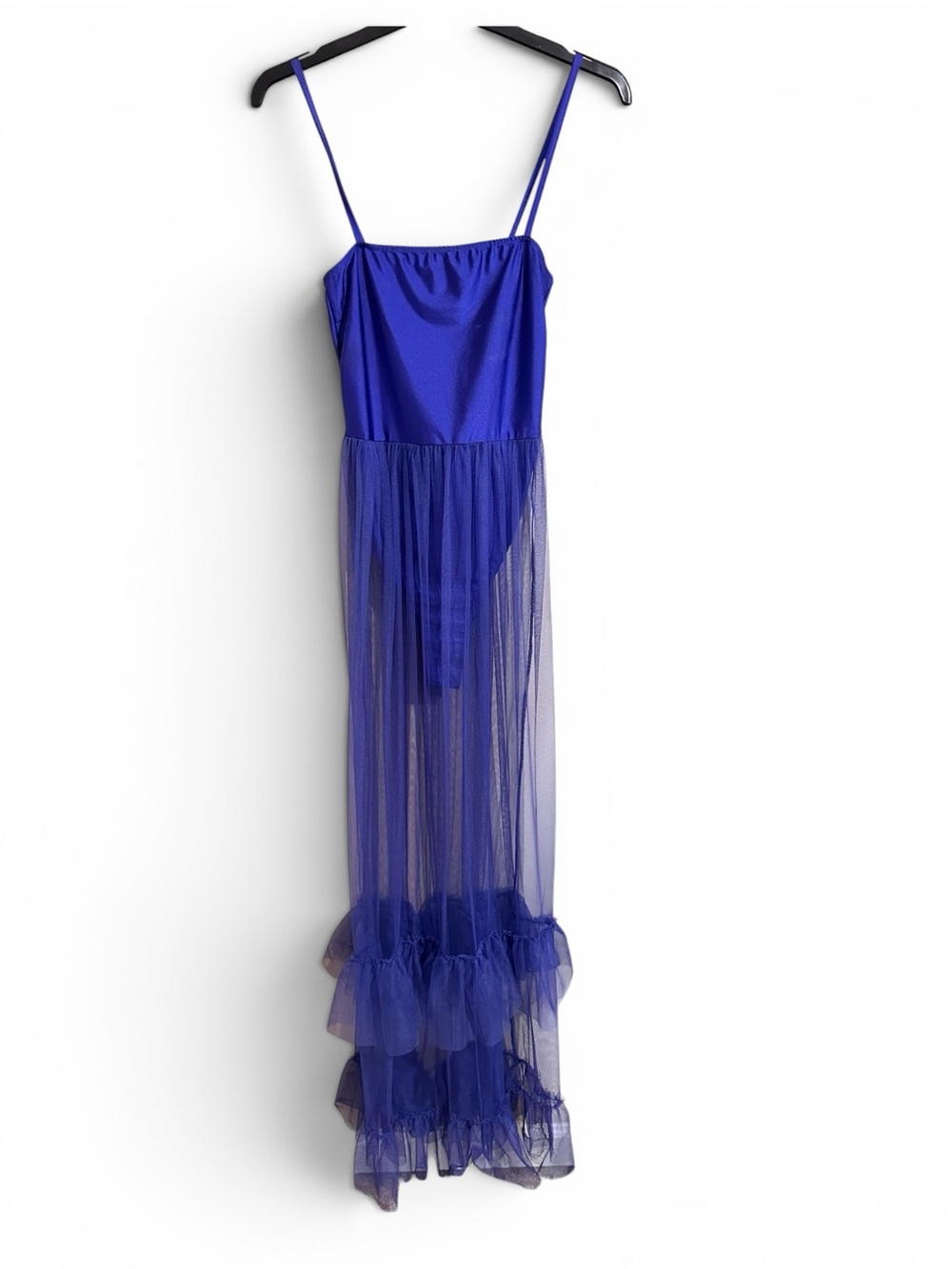 Sheer Royal Blue Maxi Slip Dress with Ruffled Hem